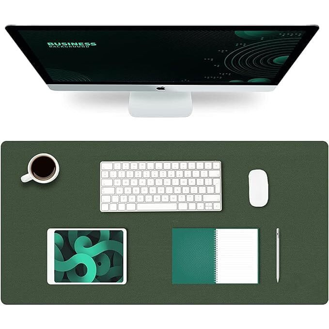 Aropana Vegan Leather Desk Mat, Mouse Pad Large, Computer Table Mat, Reversible Extended Laptop Pad For Desk, Dual Side Waterproof Edge-Stitched (31.5&quotX 15.7" Inch, Deep Green/Grey)