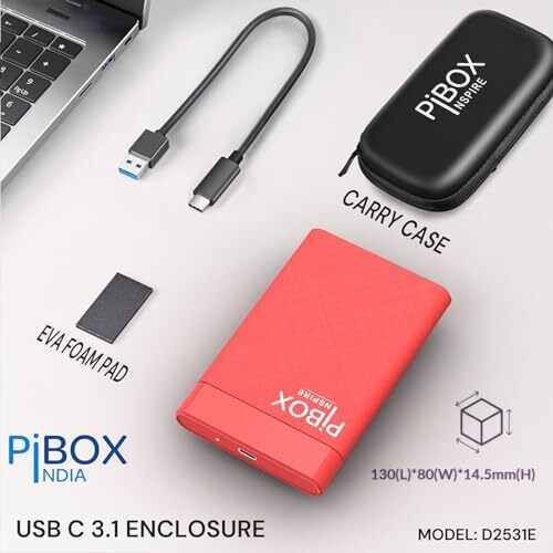 2.5 Inch Hard Drive Enclosure Type C, Pibox India 6Gbps Usb 3.1 To Sata Iii Tool-Free External Hard Drive Case Enclosure For 7Mm/9.5Mm 2.5" Ssd Laptop Hdd With Uasp For Samsung Wd, Xbox Pc Tv - Red