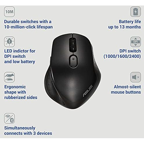 Asus Mw203 Multi-Device Wireless Silent Mouse, 2.4Ghz With Usb Nano Receiver, 2400 Dpi Optical Tracking, 6 Buttons, Compatible With Pc/Laptop - Black (Mw203 (Black))