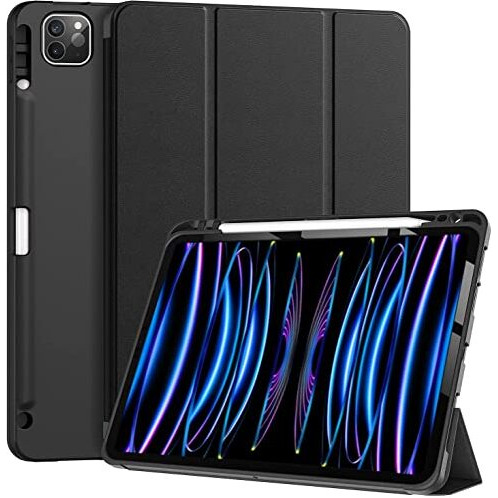 Proelite Smart Case For Ipad Pro 12.9 Inch 2022/2021 6Th/5Th Generation [Auto Sleep/Wake Cover] [Pencil Holder] [Soft Flexible Case] Recoil Series - Black