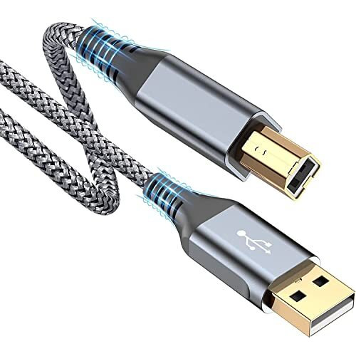 Rts Usb Printer Cable Usb 2.0 (2 Meter 6.6 Feet) High Speed Nylon Braided Cord For Cable Compatible With Printers,Scanner For Brother Dell,Hp,Epson,Canon,Xerox,Samsung,Epson,Lexmark Mfc,Oki,Grey