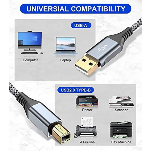 Rts Usb Printer Cable Usb 2.0 (2 Meter 6.6 Feet) High Speed Nylon Braided Cord For Cable Compatible With Printers,Scanner For Brother Dell,Hp,Epson,Canon,Xerox,Samsung,Epson,Lexmark Mfc,Oki,Grey