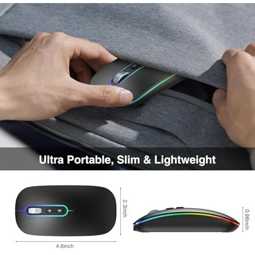Cimetech Dual Mode (Bt 5.1+2.4G) Wireless Mouse For Laptop, 1200 Dpi Portable Lightweight Rechargeable Mouse With Led Lights, Compatible With Mac Os/Windows/Chrome Os - Black