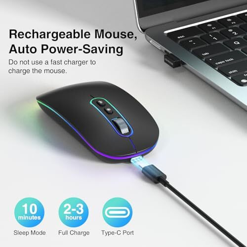 Cimetech Dual Mode (Bt 5.1+2.4G) Wireless Mouse For Laptop, 1200 Dpi Portable Lightweight Rechargeable Mouse With Led Lights, Compatible With Mac Os/Windows/Chrome Os - Black