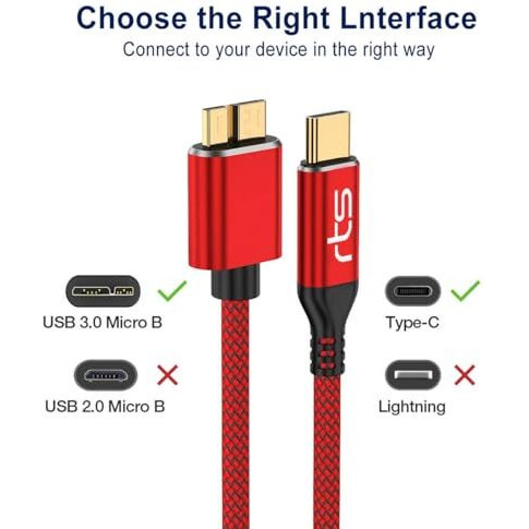Rts Usb C Type C Usb 3.0 Portable External Hard Disk Drive Hdd Wire Cable, Nylon Braided 10Gbps Fast Charging & Syncing Cord Compatible Such As Seagate, Wd, Toshiba, Iphone 15 Plus Pro Max (1M), Red