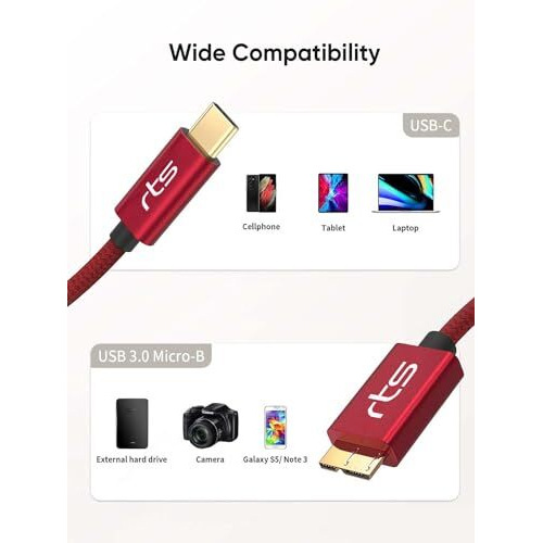 Rts Usb C Type C Usb 3.0 Portable External Hard Disk Drive Hdd Wire Cable, Nylon Braided 10Gbps Fast Charging & Syncing Cord Compatible Such As Seagate, Wd, Toshiba, Iphone 15 Plus Pro Max (1M), Red