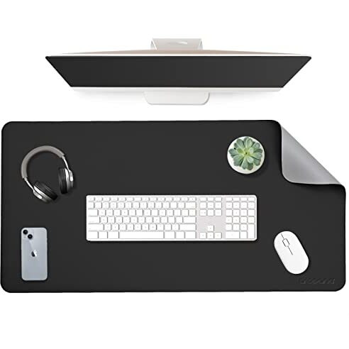 Aropana Vegan Leather Desk Mat, Mouse Pad Large, Computer Table Mat, Reversible Extended Laptop Pad For Desk, Dual Side Waterproof Edge-Stitched (31.5&quotX 15.7&quotInch, Black/Grey)