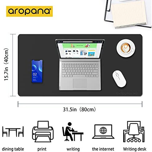 Aropana Vegan Leather Desk Mat, Mouse Pad Large, Computer Table Mat, Reversible Extended Laptop Pad For Desk, Dual Side Waterproof Edge-Stitched (31.5&quotX 15.7&quotInch, Black/Grey)