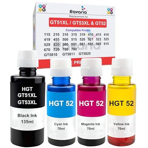 Ravaria Refill Ink For Hp Gt51Xl/53Xl Gt 52 For Hp Ink Tank 115, 310, 315, 319, 410, 415, 416, 419, 455, 500, 515, 530, 589, 615, 750, 790, 670, Gt5810, Gt5811, Gt5820 (Gt51Xl + Gt52Cmy (4 Color Set))