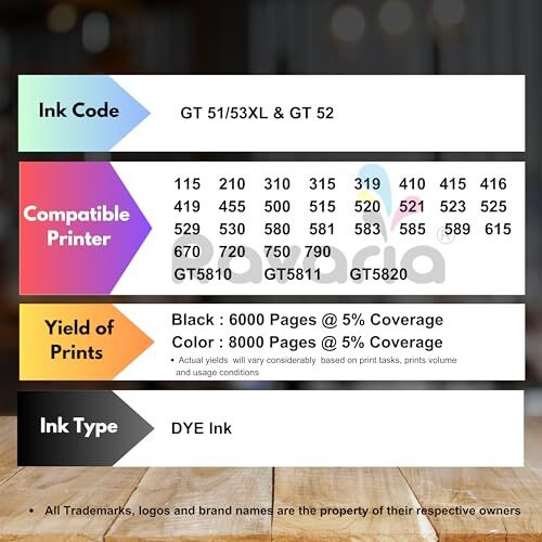 Ravaria Refill Ink For Hp Gt51Xl/53Xl Gt 52 For Hp Ink Tank 115, 310, 315, 319, 410, 415, 416, 419, 455, 500, 515, 530, 589, 615, 750, 790, 670, Gt5810, Gt5811, Gt5820 (Gt51Xl + Gt52Cmy (4 Color Set))