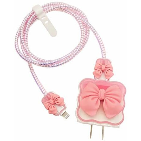 Prolet Cute 3D Bow Design Case Cover For Iphone Adapter Compatible With 18W And 20W Charger Only 360 Full Protection Silicone Case Cover 5 In 1. (Pink Bow)