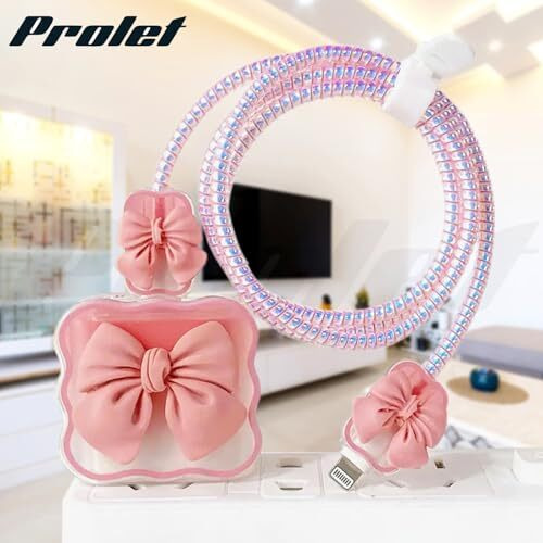 Prolet Cute 3D Bow Design Case Cover For Iphone Adapter Compatible With 18W And 20W Charger Only 360 Full Protection Silicone Case Cover 5 In 1. (Pink Bow)
