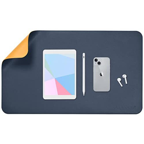 Aropana Vegan Leather Desk Mat, Mouse Pad Large, Computer Table Mat, Reversible Extended Laptop Pad For Desk, Dual Side Waterproof Edge-Stitched (23.6&quotX13.8&quotInch, Navy Blue/Yellow)