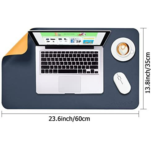 Aropana Vegan Leather Desk Mat, Mouse Pad Large, Computer Table Mat, Reversible Extended Laptop Pad For Desk, Dual Side Waterproof Edge-Stitched (23.6&quotX13.8&quotInch, Navy Blue/Yellow)