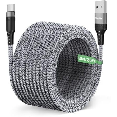 Verilux 8M/26Ft Type C Cable, 10W Usb A To Usb C Charging Cable, Ultra Long Type C Charging Cable Compatible With Phone, Tablet, Ps5 & More C Type Devices, Grey