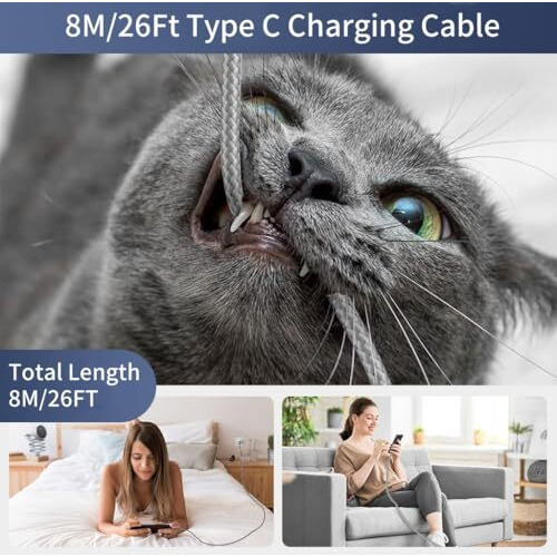 Verilux 8M/26Ft Type C Cable, 10W Usb A To Usb C Charging Cable, Ultra Long Type C Charging Cable Compatible With Phone, Tablet, Ps5 & More C Type Devices, Grey