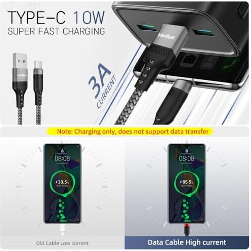 Verilux 8M/26Ft Type C Cable, 10W Usb A To Usb C Charging Cable, Ultra Long Type C Charging Cable Compatible With Phone, Tablet, Ps5 & More C Type Devices, Grey