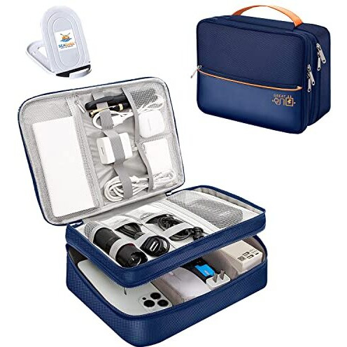 Seagull Flight Of Fashion Nylon Double Layer Electronic Gadget Organizer Case, Cable Organizer Bag For Accessories With Mobile Stand - 27 X 20 X 9 Cm - Navy Blue - Model 2