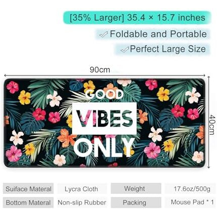 Inovera Neoprene Extended Anti-Slip Rubber Gaming Mouse Pad Floral Stitched For Laptop, Computer Mat, 885L X 400B Mm (Flower Good Vibes Only)