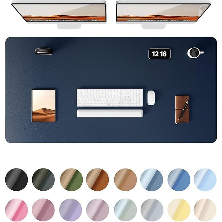 Aropana Vegan Leather Desk Mat, Mouse Pad Large, Computer Table Mat, Reversible Extended Laptop Pad For Desk, Dual Side Waterproof Edge-Stitched (47.2X23.6 Inch, Navy Blue/Yellow)