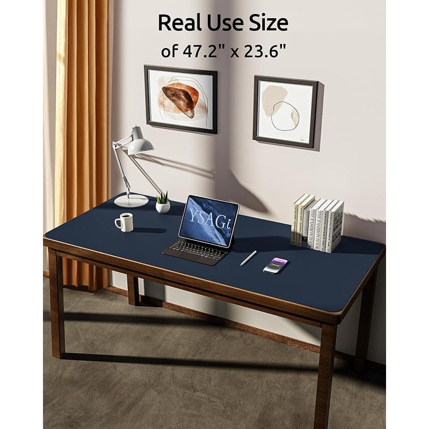Aropana Vegan Leather Desk Mat, Mouse Pad Large, Computer Table Mat, Reversible Extended Laptop Pad For Desk, Dual Side Waterproof Edge-Stitched (47.2X23.6 Inch, Navy Blue/Yellow)