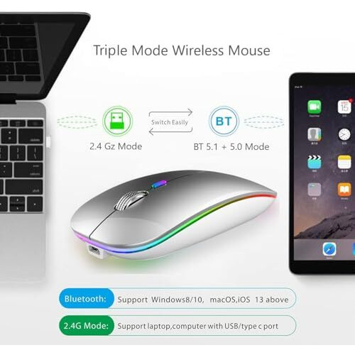Offbeat Dash 2.4Ghz Wireless + Bluetooth 5.1 +5.0 Mouse, Multi-Device Tripel Mode Type C Rechargeable Silent Click Buttons Wireless Bluetooth Mouse 3 Adjustable Dpi, Works On 3 Devices (Silver)