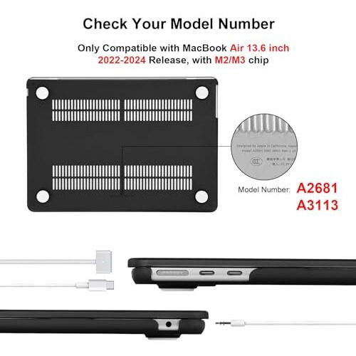 Eoocoo Case Compatible For New Macbook Air 13.6 Inch M4 A3240 M3 A3113 M2 A2681 With Touch Id,2025 2024 2022 Release,M2 M3 M4 Air 13'' Laptop Protective Plastic Hard Shell Cover,Matte Surface, Black
