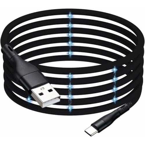Magnetic Coiled Type A To Type C Cable, 65W / 3.1A Magnetic Coiled O-Magcable Nylon Braided For Laptops And Smartphones, Magcable Pd Technology, Qc 3.0 Charging - 1.2 Meter , Type A - Type C , Black
