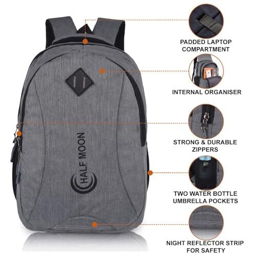 Half Moon Spring 34L School Bags For Boys School Bag For Girls | 4 Compartment Backpack For Men & Women | Water Resistant | 5 Zips Stylish And Trendy College Bag For Unisex (Grey)