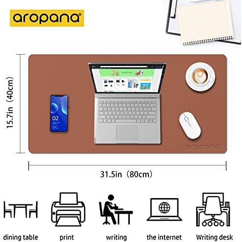 Aropana Vegan Leather Desk Mat, Mouse Pad Large, Computer Table Mat, Reversible Extended Laptop Pad For Desk, Dual Side Waterproof Edge-Stitched (31.5&quotX 15.7&quotInch, Brown/Grey)