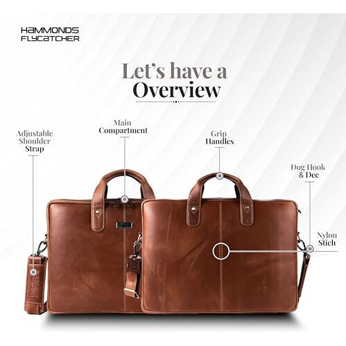 Hammonds Flycatcher Genuine Leather Office Bag For Men - 15.6 Inch Laptop Bag For Men For Professionals, Business Travelers - Adjustable Straps & Multiple Compartments - 1 Year Warranty - Vintage Tan