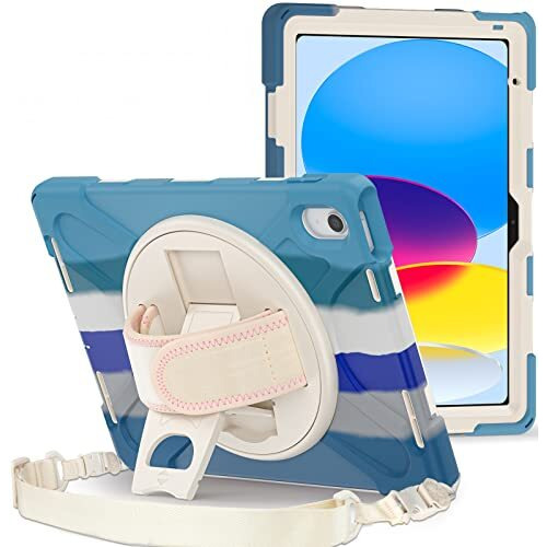 Proelite Rugged 3 Layer Armor Case Cover For Apple Ipad (A16) 11Th/10Th Generation (2025/2022). With Hand Grip And Rotating Kickstand, Rainbow Blue