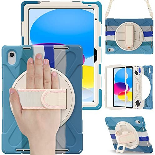Proelite Rugged 3 Layer Armor Case Cover For Apple Ipad (A16) 11Th/10Th Generation (2025/2022). With Hand Grip And Rotating Kickstand, Rainbow Blue