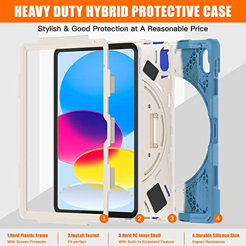 Proelite Rugged 3 Layer Armor Case Cover For Apple Ipad (A16) 11Th/10Th Generation (2025/2022). With Hand Grip And Rotating Kickstand, Rainbow Blue