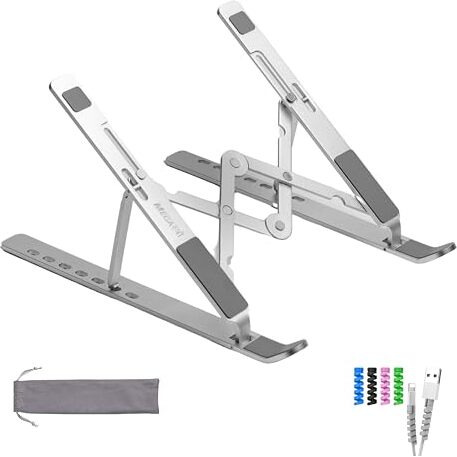 Megastro Laptop Stand For Desk With 7 Adjustable Angles, Aluminum Ergonomic Foldable Portable Compatible With All Brands 6-17.3 [With Pouch] [With Wire Protectors] (Metallic Silver)