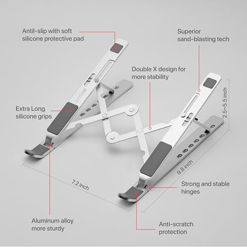 Megastro Laptop Stand For Desk With 7 Adjustable Angles, Aluminum Ergonomic Foldable Portable Compatible With All Brands 6-17.3 [With Pouch] [With Wire Protectors] (Metallic Silver)