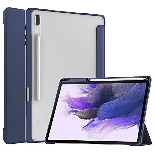 Proelite Smart Flip Case Cover For Samsung Galaxy Tab S8 Plus/S7 Plus/S7 Fe 12.4 Inch Sm-X800/X806/T970/T975/T976/T735 With S Pen Holder, Dark Blue [Transparent Back]