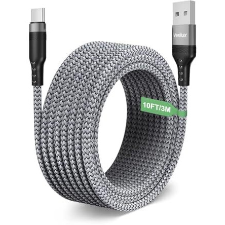 Verilux Type C Charging Cable 62W 3.1A Fast Charging Cable 10Ft Long Type C Charging Cable Data Cable Support 480Mbps Data Transmission Compatible With Phone,Tablet,Ps5 & More C Type Devices,Silver