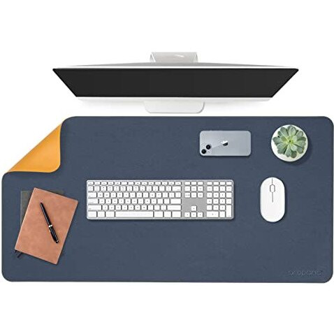 Aropana Vegan Leather Desk Mat, Mouse Pad Large, Computer Table Mat, Reversible Extended Laptop Pad For Desk, Dual Side Waterproof Edge-Stitched (36&quotX17&quotInch, Navy Blue/Yellow)