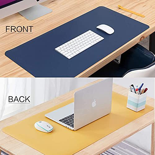 Aropana Vegan Leather Desk Mat, Mouse Pad Large, Computer Table Mat, Reversible Extended Laptop Pad For Desk, Dual Side Waterproof Edge-Stitched (36&quotX17&quotInch, Navy Blue/Yellow)