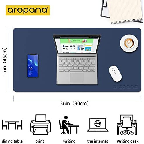 Aropana Vegan Leather Desk Mat, Mouse Pad Large, Computer Table Mat, Reversible Extended Laptop Pad For Desk, Dual Side Waterproof Edge-Stitched (36&quotX17&quotInch, Navy Blue/Yellow)