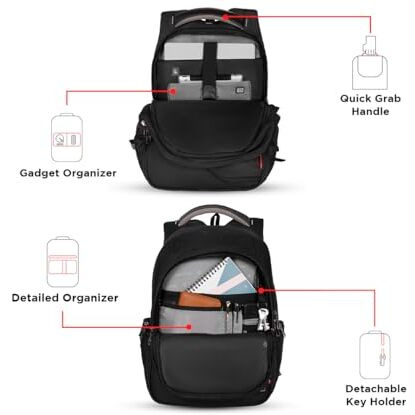Harissons Vervo 40L Waterproof Laptop Backpack For Men & Women | Fits 15.6" Laptop With Sternum Strap, Quick Access Pocket, Detachable Key Holder, Organized Compartments & Raincover (Black)