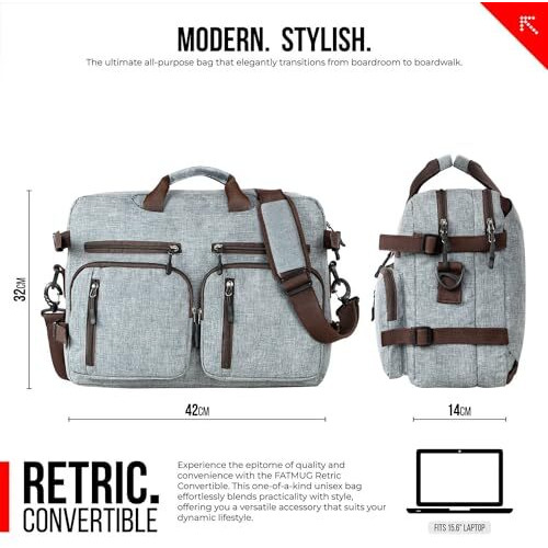 Fatmug Laptop Bag For Men - Convertible Backpack For Office And Travel (Light Grey, Oxford Fabric)