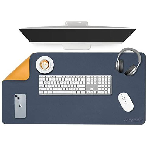Aropana Vegan Leather Desk Mat, Mouse Pad Large, Computer Table Mat, Reversible Extended Laptop Pad For Desk, Dual Side Waterproof Edge-Stitched (31.5&quotX 15.7&quotInch, Navy Blue/Yellow)