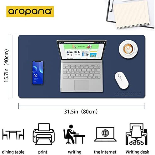 Aropana Vegan Leather Desk Mat, Mouse Pad Large, Computer Table Mat, Reversible Extended Laptop Pad For Desk, Dual Side Waterproof Edge-Stitched (31.5&quotX 15.7&quotInch, Navy Blue/Yellow)
