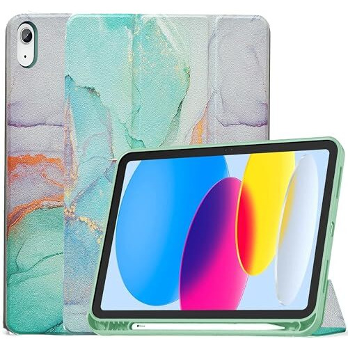 Proelite Smart Case For Ipad (A16) 11Th/10Th Generation (2025/2022) [Auto Sleep/Wake Cover] [Left Side Pencil Holder] [Soft Flexible Case] Recoil Series - Marble Green