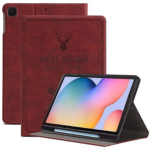 Proelite Deer Smart Flip Case Cover For Samsung Galaxy Tab S6 Lite 10.4 Inch Sm-P610/P615/P613 With S Pen Holder [Auto Sleep Wake], Wine Red