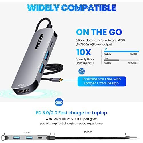 Verilux Usb C Hub 4 In 1 Usb C To Hdmi Adapter With 4K@30Hz Hdmi, 2.0/3.0 Usb Adapter Multiple Port, Pd 100W & Usb C Data Port Usb Type C Hub For Laptop, Macbook Pro Air 20Cm Usb Hub Long Cable
