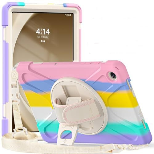 Proelite Cover For Samsung Galaxy Tab A9 Plus 11 Inch Case Cover, Rugged 3 Layer Armor Case Cover For Samsung Galaxy Tab A9+ 11 Inch Hand Grip And Rotating Kickstand, Rainbow Pink