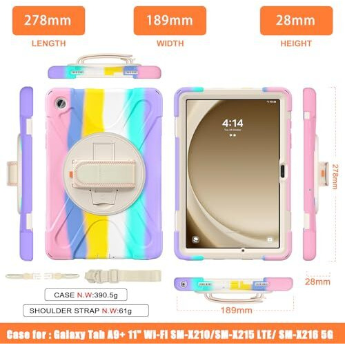 Proelite Cover For Samsung Galaxy Tab A9 Plus 11 Inch Case Cover, Rugged 3 Layer Armor Case Cover For Samsung Galaxy Tab A9+ 11 Inch Hand Grip And Rotating Kickstand, Rainbow Pink